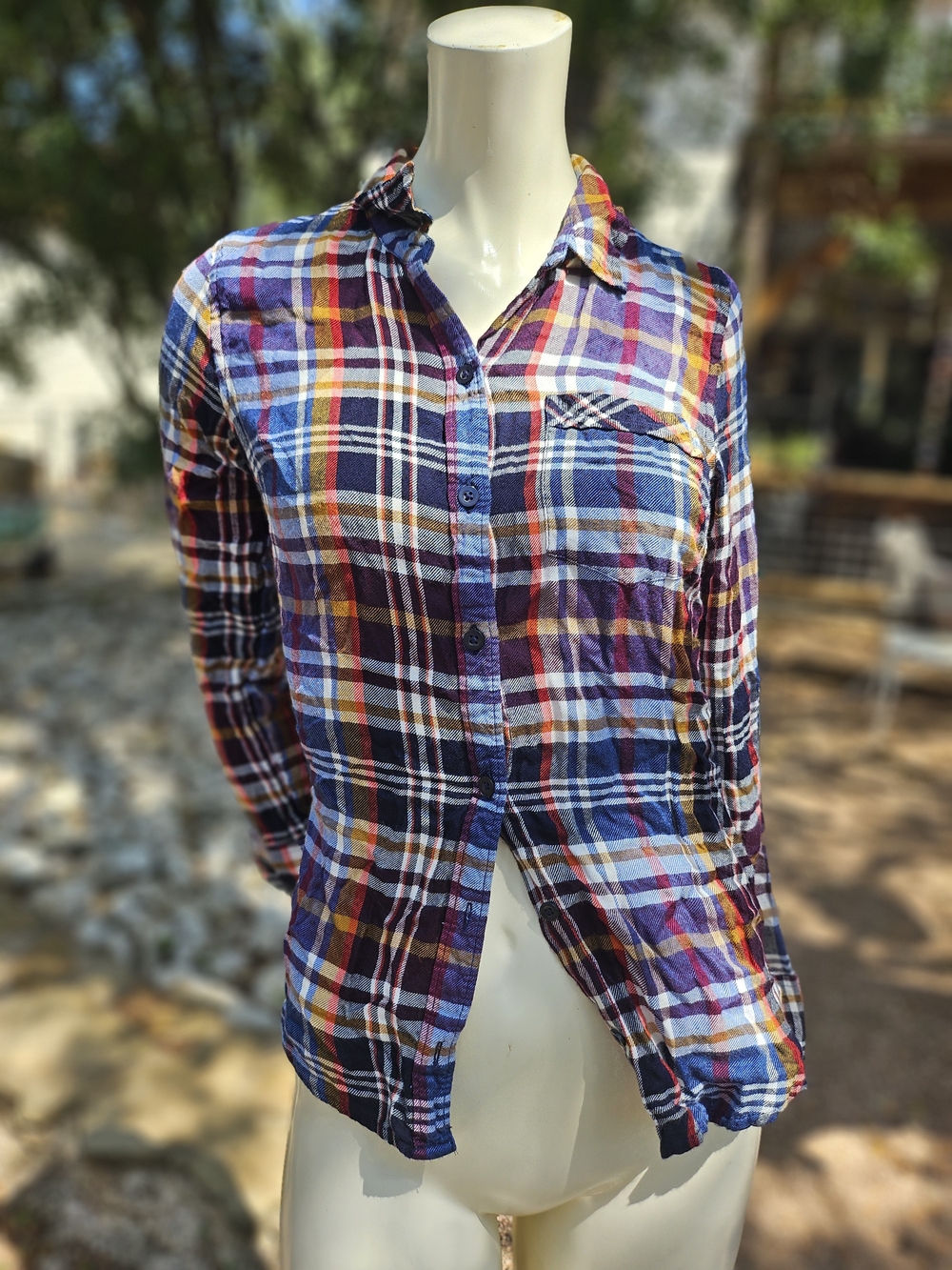 Lucky Brand Plaid Button-Down Soft Flannel Shirt in Blue, Purple, Gold XS